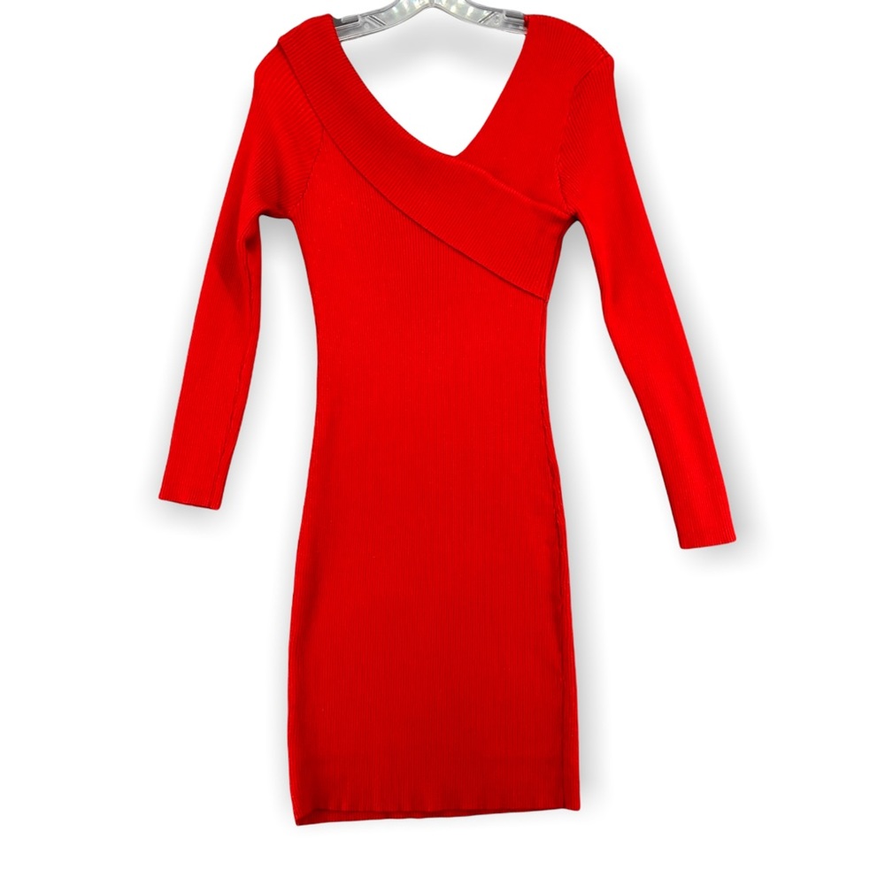 MAIN STRIP V Neck Sweater Dress Red Ribbed Knit Long Sleeve Womens Medium